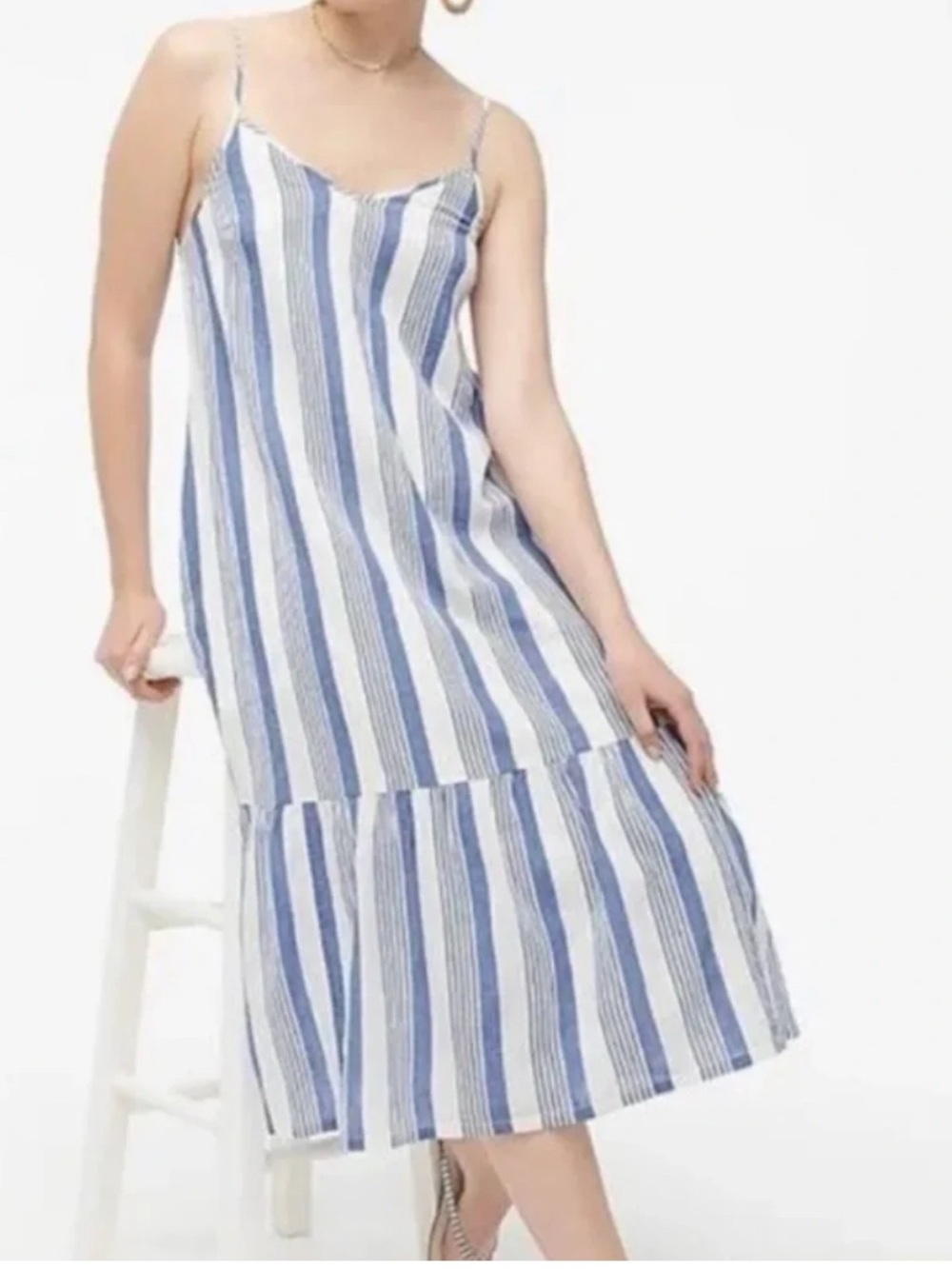 J. Crew Blue & White Striped Tiered Sleeveless Cotton Midi Dress Sz Medium